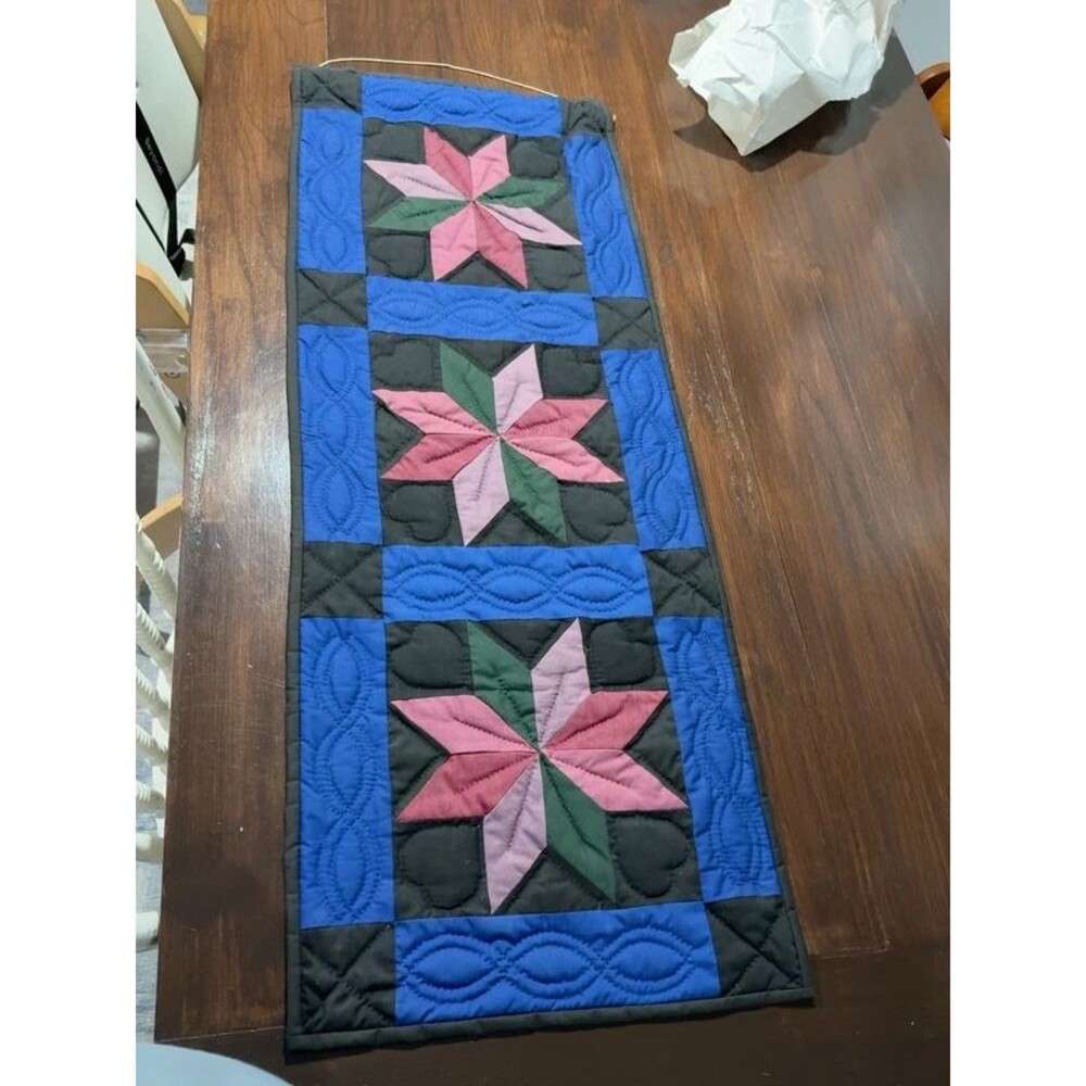 Handmade Quilted Wall Hanging 3 Star Blocks Blue Pink Green Folk Art Decor